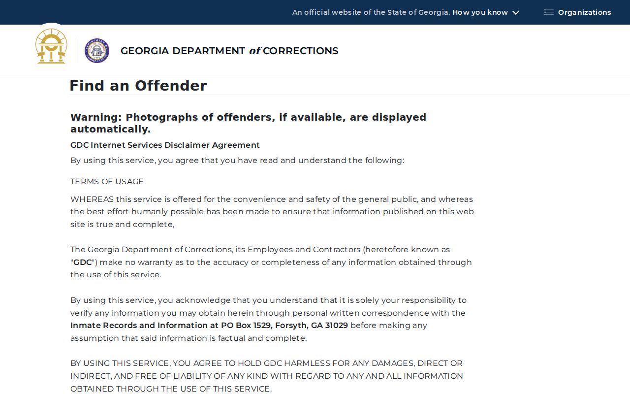 Hall County public records view of the Georgia DOC offender query fields